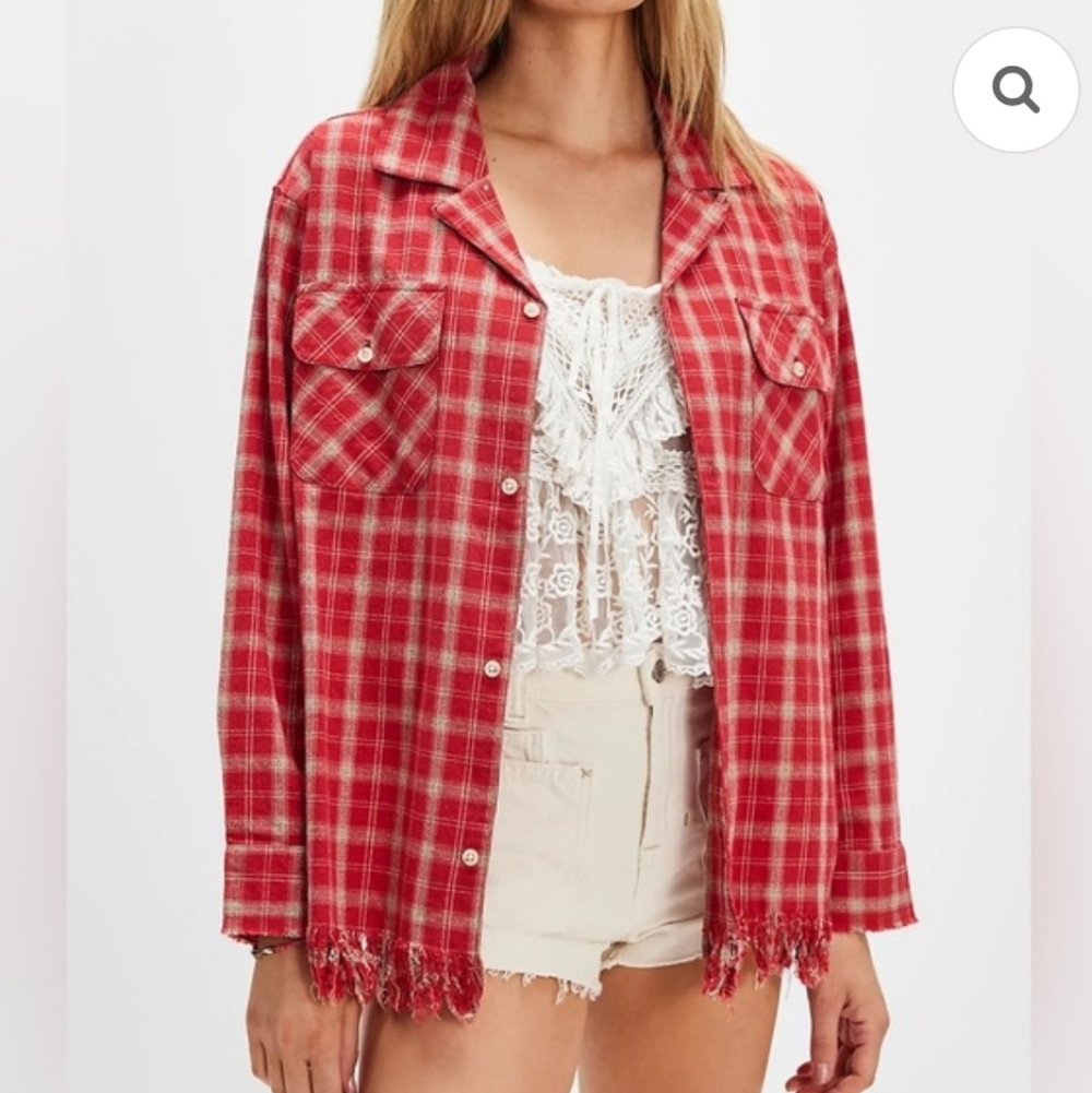NWT Found x Free People Unisex Raw Cut Fringe Red Plaid Camp Shirt XS
